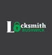 Locksmith Bushwick logo with a padlock design in place of the "o" on a dark background.