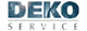 Textlogo "DEKO SERVICE" in blauen Buchstaben auf weißem Hintergrund.