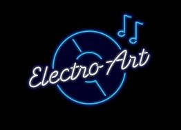Schwarze Fläche mit neonblauem Schriftzug "Electro-Art" und Musiknoten.