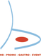 Abstraktes Logo mit blauen Linien und einem roten Punkt, darunter Text: "HB - PROMO - GASTRO - EVENT".