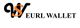 Logo avec texte "EURL WALLET" et lettres noires stylisées, "S" orange.