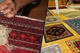 Handmaking a red rug on left; various colorful rugs displayed on right.