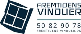 Logo med vindue, tekst "Fremtidens Vinduer", webadresse og telefonnummer.