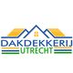 Logo van Dakdekkerij Utrecht met stylized huisdak en tekst in blauw en groen.