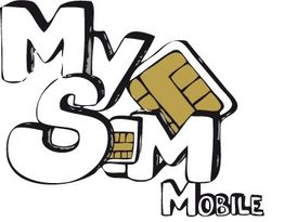 Text "My SIM Mobile" mit einer SIM-Karte im Buchstaben "S". Skizzenhafter Stil in Schwarz-Weiß.