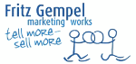 "Logo mit Text: Fritz Gempel Marketing, 'tell more – sell more' und zwei gezeichnete Figuren."