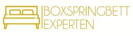 Logo mit Bett-Symbol und Text "Boxspringbett Experten" in Gelb auf weißem Hintergrund.