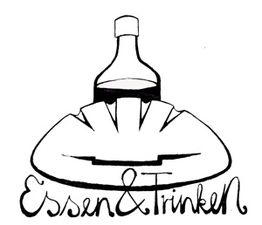 Flasche und Teller auf Schriftzug "Essen & Trinken" in stilisiertem Schwarz-Weiß-Design.