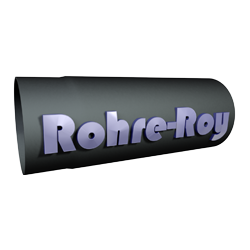 3D-Logo eines grauen Rohres mit dem Text "Rohre-Roy" in lila Buchstaben darauf.