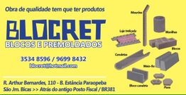 Cartão de visita da Blocret para blocos e pré-moldados com contato e endereço em fundo amarelo.