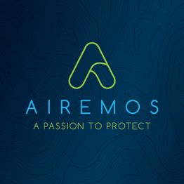 Blue background with Airmos logo and slogan "A Passion to Protect" in green.