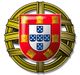 Brasão português com escudo vermelho, castelos dourados e escudetes azuis. Fundo dourado.