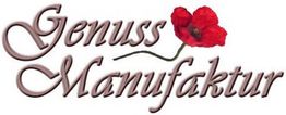 Schriftzug "Genuss Manufaktur" mit roter Blume als Dekoration.