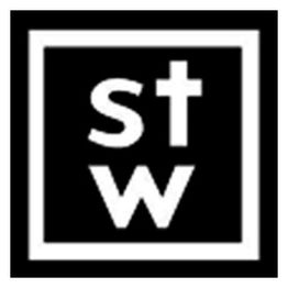 Schwarzes Quadrat mit weißen Buchstaben "st" oben und "w" unten, von Rahmen umgeben.