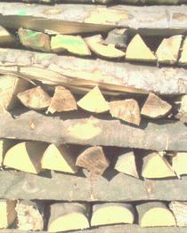 Gestapeltes Brennholz in hellem Sonnenlicht. Die Holzscheite sind unregelmäßig geschnitten.