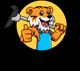 Cartoon tiger in blue overalls holding a tool, giving a thumbs up with a cheerful expression.