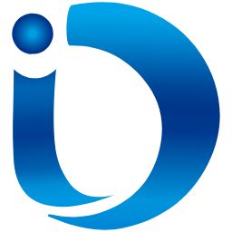 Blaues Logo mit stilisiertem "i" und "D", das modern und geschwungen gestaltet ist.