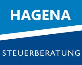 Blau-weißes Logo mit Schriftzug "HAGENA STEUERBERATUNG" auf zwei blauen Balken.