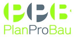 Logo mit Text "PlanProBau" und grünen sowie grauen stilisierten Buchstaben "P" und "B".