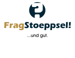 Logo mit Text: "Frag-Stoeppsel! ...und gut." und einem runden Symbol oben.