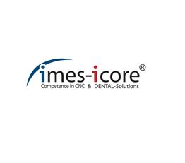 Logo von imes-icore mit Slogan "Competence in CNC & DENTAL-Solutions" und blauem Bogen.