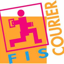 Figura rosa corriendo con paquete sobre fondo naranja, texto "FIS Courier".