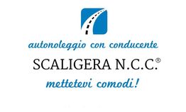 Logo Scaligera N.C.C., noleggio auto con conducente, con icona strada, testo "mettetevi comodi!".