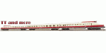 Modelleisenbahnzug in creme und rot mit der Aufschrift "TT and micro" auf weißem Hintergrund.