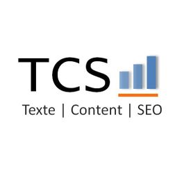 TCS-Logo mit Schriftzug "Texte | Content | SEO" und Balkendiagramm in Blau und Orange.