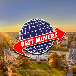 "Globe with red arrow logo over cityscape, text: 'Best Movers'."