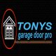 Logo with a garage door icon and text: "TONYS garage door pro" on a dark background.