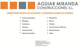 Logo de "Aguiar Miranda Construcciones, S.L." con lista de servicios de carpintería y construcción.