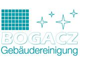 Logo von Bogacz Gebäudereinigung mit Kacheln und vier Sternen in Türkis.