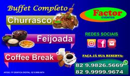 Buffet completo: churrasco, feijoada, coffee break. Contato e redes sociais ao lado.
