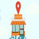 Illustration of a shop labeled "Local SEO" with a map pin above it.