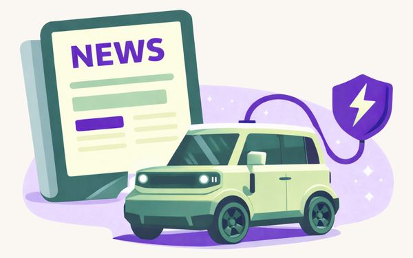 Illustration eines Elektroautos vor einem News-Symbol mit Ladekabel und Blitz-Icon. Das Elektroauto steht symbolisch für den Dacia Hipster.