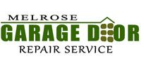Logo for Melrose Garage Door Repair Service in green and black text with a roof symbol.