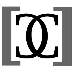 Graues Symbol mit zwei überlappenden Buchstaben "C" in Schwarz, von eckigen Klammern umgeben.