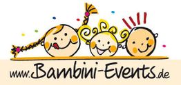 Drei lachende, stilisierte Kindergesichter mit bunten Details und der Schriftzug "www.Bambini-Events.de".