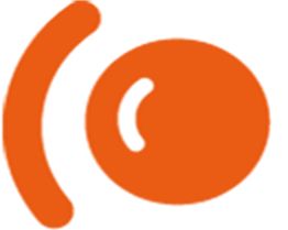 Logo orange avec un cercle et deux lignes courbes sur fond blanc.