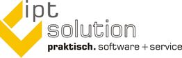 Logo von ipt solution mit gelbem Haken und Text: praktisch. software + service.
