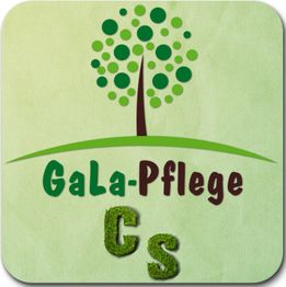 Logo mit Baum, Text "GaLa-Pflege Cs" auf grünem Hintergrund.