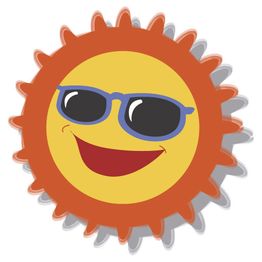 Sole sorridente con occhiali da sole e contorno arancione.