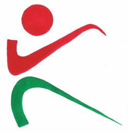 Abstrakte Figur in Rot und Grün, die eine dynamische Bewegung darstellt.