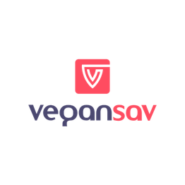 VeganSav logo with stylized V in pink and blue text.