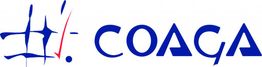 Logotipo de COAGA con diseño azul y una flecha roja.
