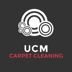 Logo of UCM Carpet Cleaning with abstract white circles on a dark background.