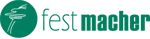 Logo mit grünem Kreis und Text "festmacher" in grün und blau.