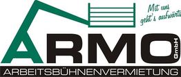 Logo von ARMO GmbH mit Slogan "Mit uns geht's aufwärts" und einem Kran-Design.