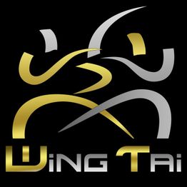 „Wing Tsun“-Logo mit geschwungenen, gold-silbernen Linien auf schwarzem Hintergrund.